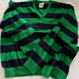 Preowned Lacoste Men's V-Neck Sweater Green Navy Stripes Cotton Blend Sz XXL